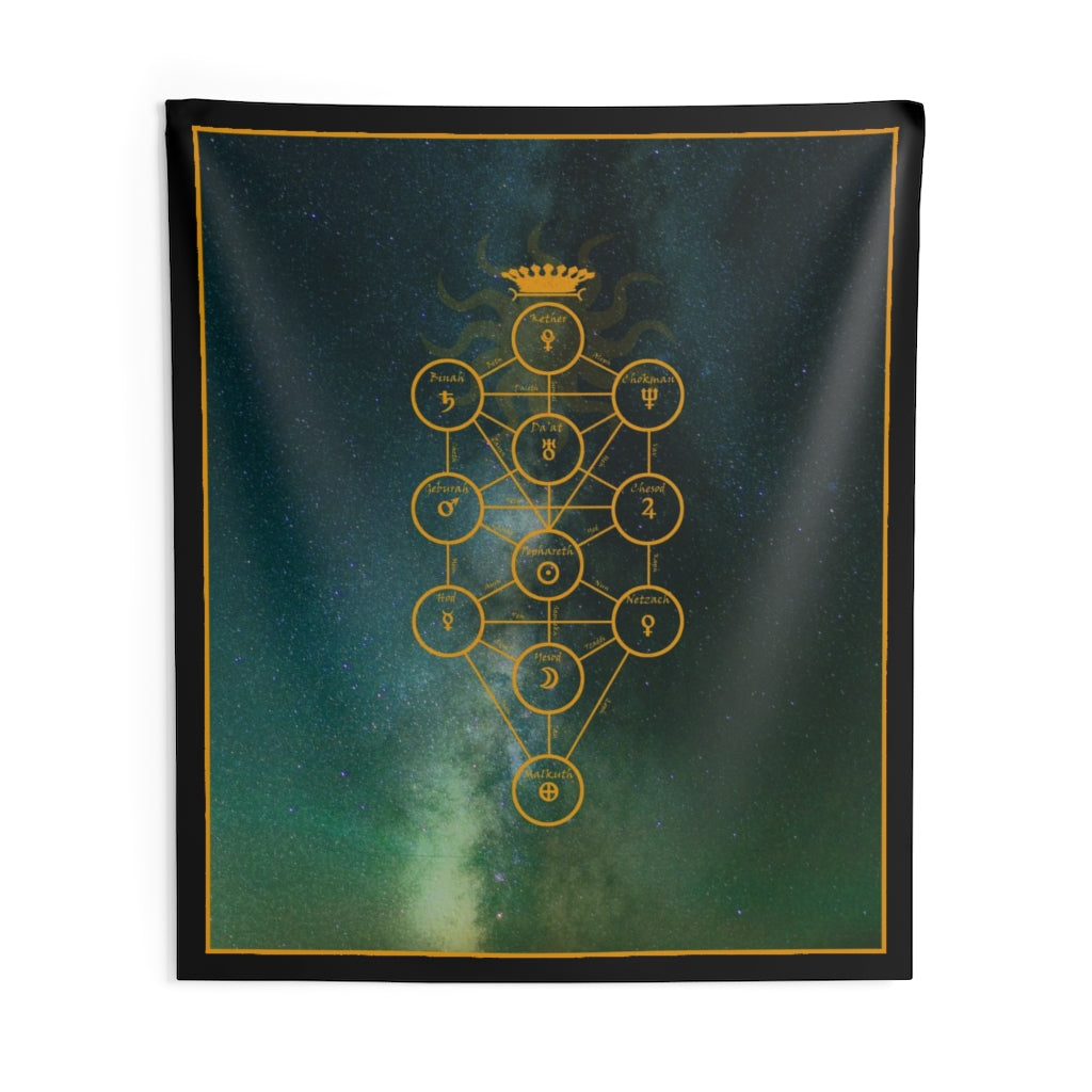 Sefirot wall tapestry. It features mathmatically assorted circles that inter connect via lines with the 10 emanations of God