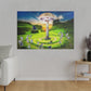 A canvas depicting A field with a giant mushroom growing in the middle of a fairy ring. In the foreground, butterflies are flying bye. The sun is setting behind some mountains framing everything in the background. It's been hung on a wall in between a chair and a table with plants and books on it.