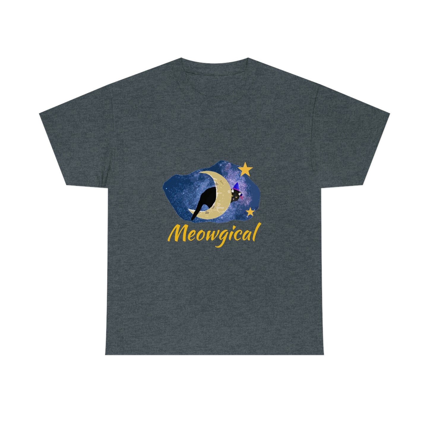 A charcoal shirt with a galaxy print. Inside the galaxy is a crescent moon with a black cat wearing a witches hat peaking around. Below the galaxy print is the words "meowgical" in yellow.