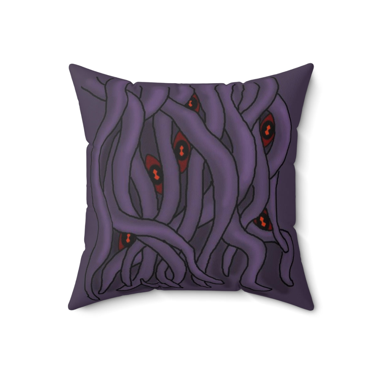 A purple throw pillow with a stylized rendition of the back of cthulu's head. It prominently features his tentacles with many eyes staring through gaps in them.