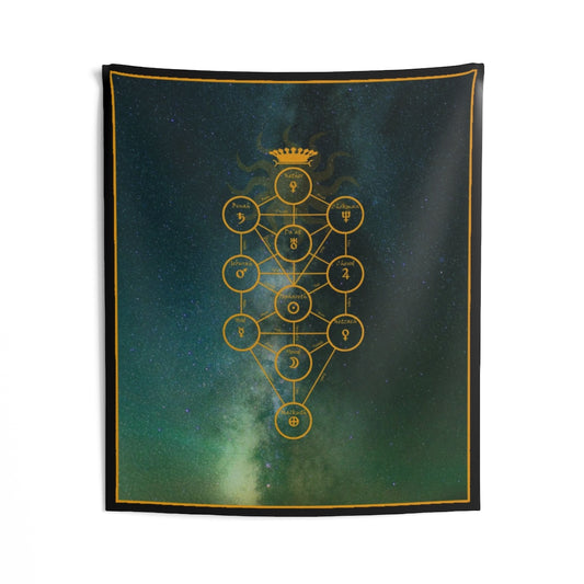 Sefirot wall tapestry. It features mathmatically assorted circles that inter connect via lines with the 10 emanations of God