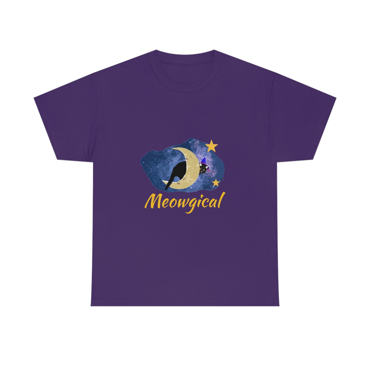 A purple shirt with a galaxy print. Inside the galaxy is a crescent moon with a black cat wearing a witches hat peaking around. Below the galaxy print is the words "meowgical" in yellow.