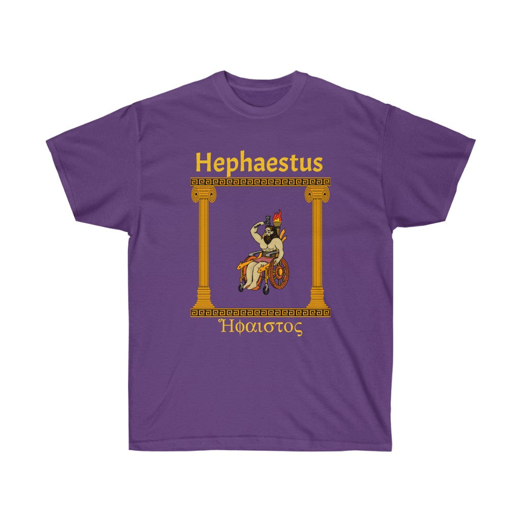 A puirple shirt with the god Hephaestus printed on it. He is sitting in a stylized wheelchair with a lit torch on the back of it and is wielding a hammer. To the sides of him are gold pillars upholding gold marble. Above him is the words "Hephaestus" while below him is his name in greek, both in yellow.