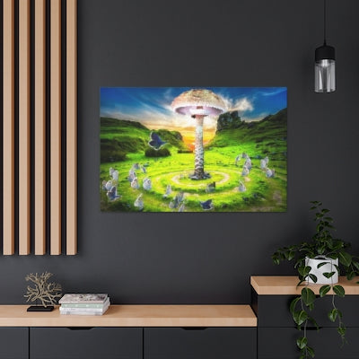 A canvas depicting A field with a giant mushroom growing in the middle of a fairy ring. In the foreground, butterflies are flying bye. The sun is setting behind some mountains framing everything in the background. It's been hung on a wall above shelving with plants and books on it.