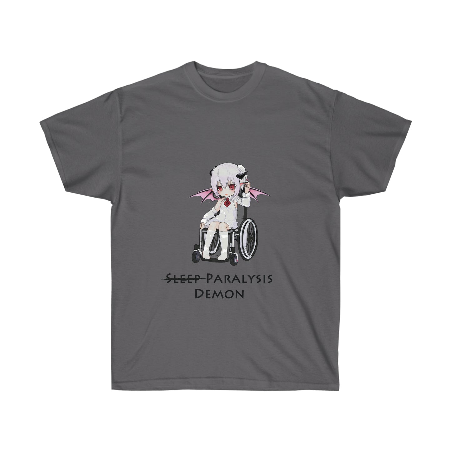 A gray shirt featuring a graphic of a demon in a white shirt and skirt with a red tie sitting in a wheelchair. Below the graphic, there is black text reading "Sleep paralysis demon" with sleep crossed out.