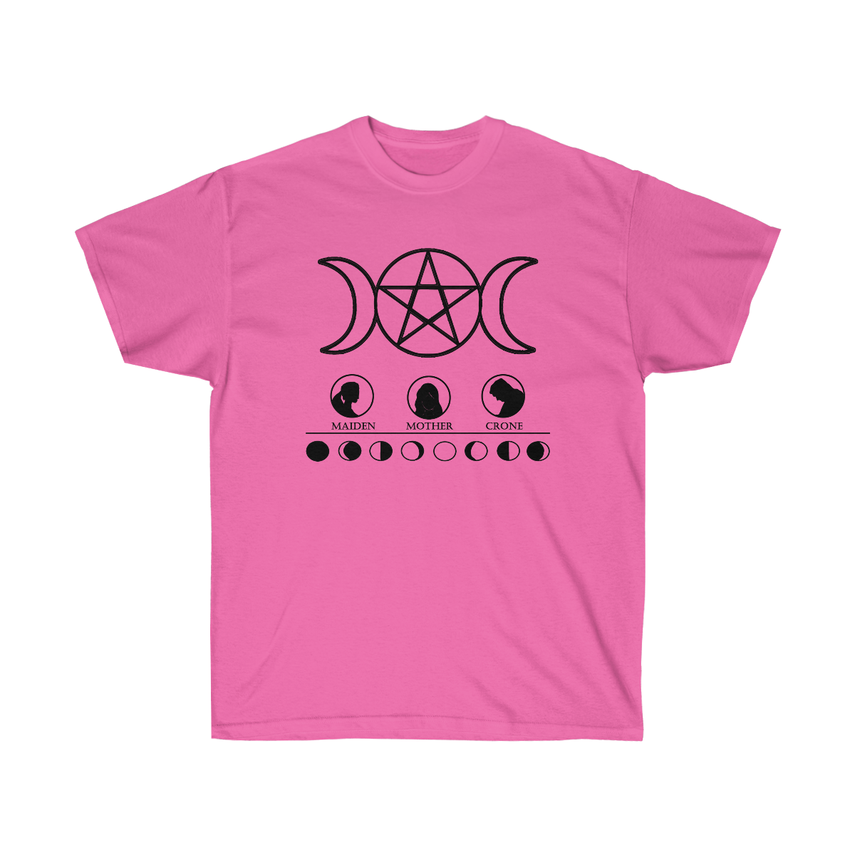 A pink shirt. At the top is a black triple goddess moon pentacle. Below that is 3 circles with maiden, mother, and crone printed below them and accompanying silhouettes depicting each. A horizontal line separates depictions of the different phases of the moon.