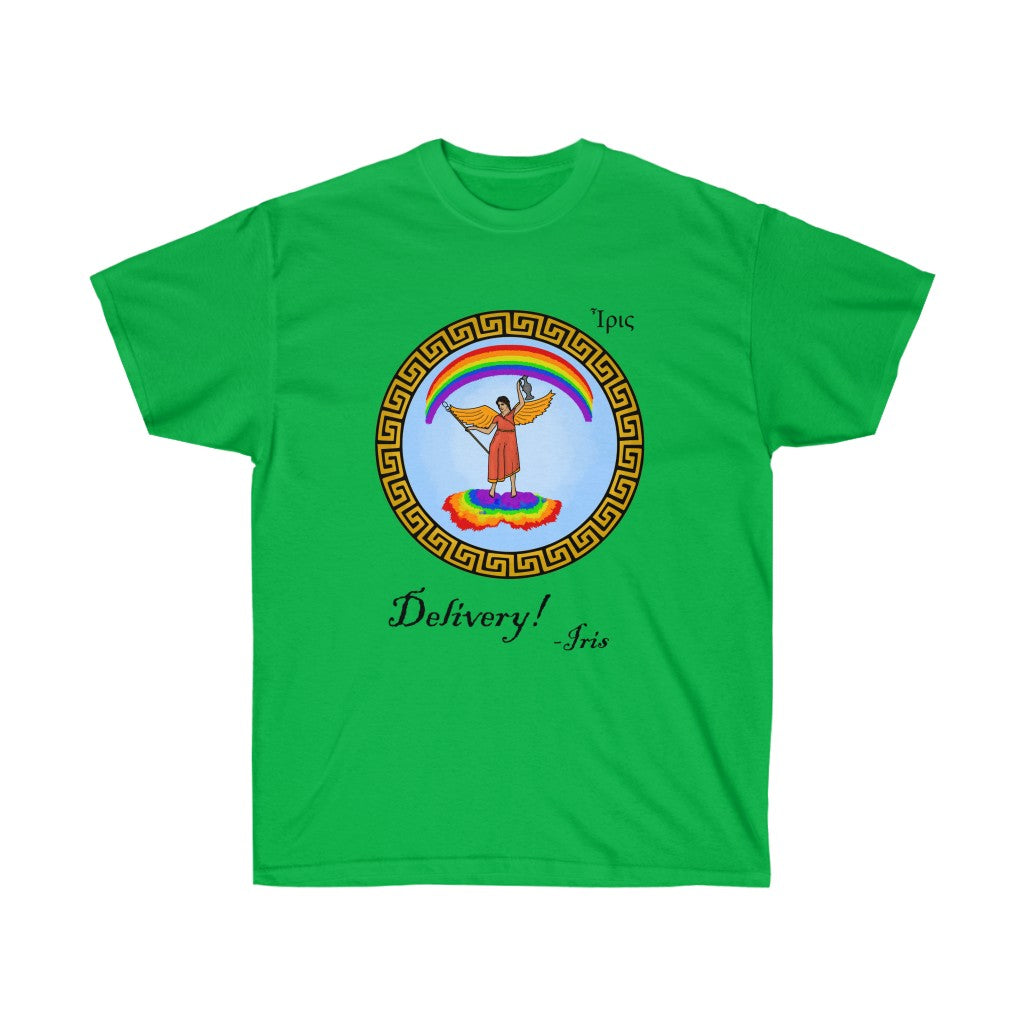 A green shirt. It has a graphic in the middle depicting the goddes Iris riding on a rainbow cloud. She's wearing a red dress and holding a spear and jug. There's a rainbow above her. Surrounding her graphic is circular meandros. Below her graphic is black text that says "Delivery! -Iris." In the upper left is her name in greek.