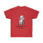 A red shirt featuring a graphic of a demon in a white shirt and skirt with a red tie sitting in a wheelchair. Below the graphic, there is black text reading "Sleep paralysis demon" with sleep crossed out.