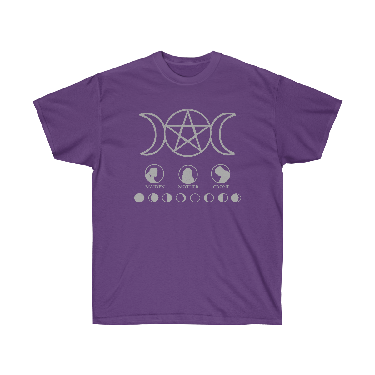 A purple shirt. At the top is a silver triple goddess moon pentacle. Below that is 3 circles with maiden, mother, and crone printed below them and accompanying silhouettes depicting each. A horizontal line separates depictions of the different phases of the moon.