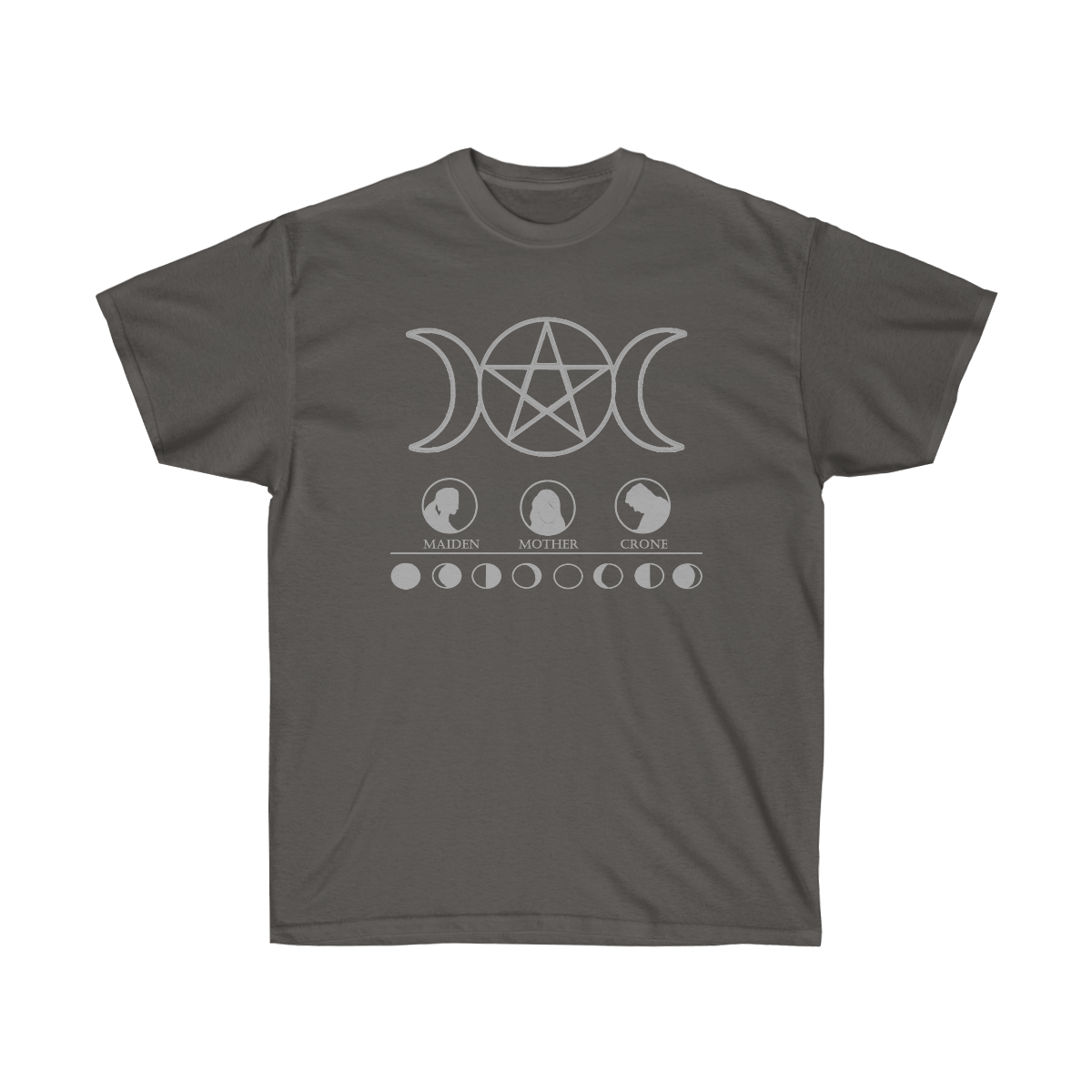 A charcoal shirt. At the top is a silver triple goddess moon pentacle. Below that is 3 circles with maiden, mother, and crone printed below them and accompanying silhouettes depicting each. A horizontal line separates depictions of the different phases of the moon.