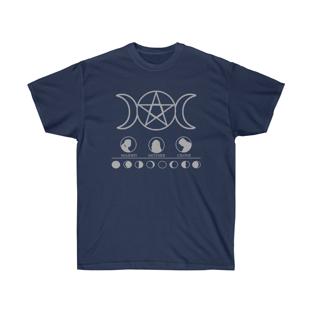 A dark blue shirt. At the top is a silver triple goddess moon pentacle. Below that is 3 circles with maiden, mother, and crone printed below them and accompanying silhouettes depicting each. A horizontal line separates depictions of the different phases of the moon.