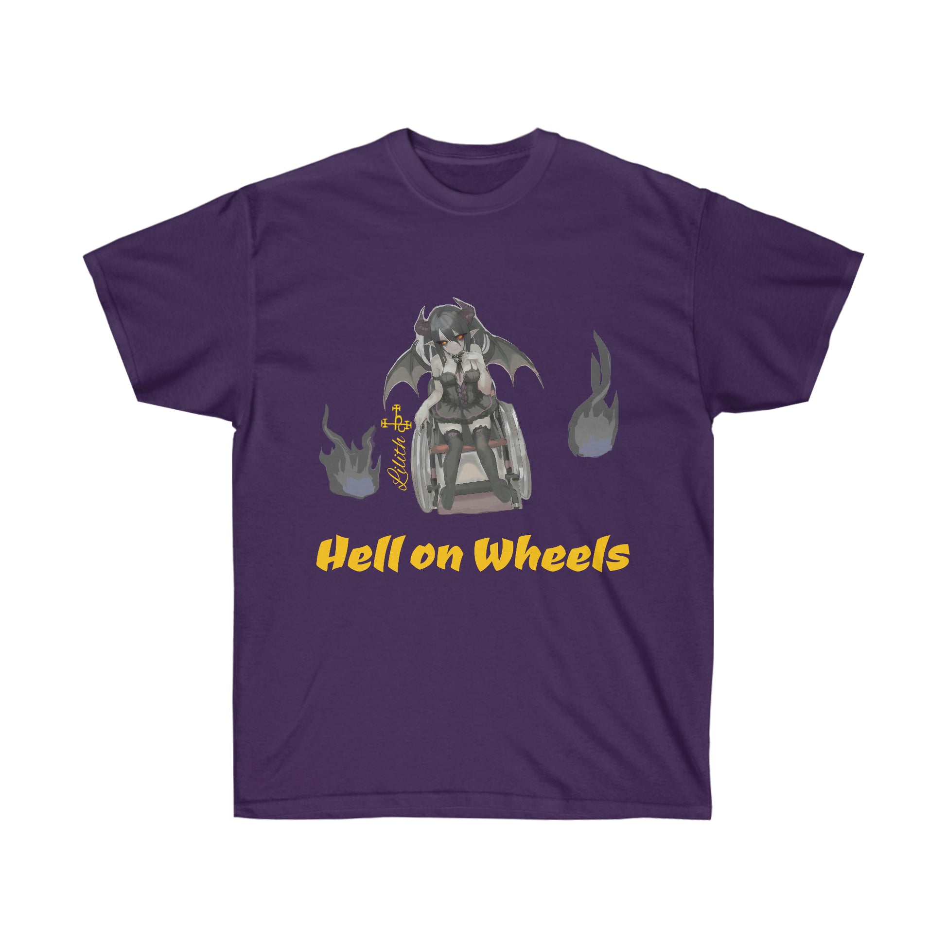 A purple shirt featuring a caricature of Lilith sitting in a modern day wheelchair. To either side of her are gray flames. Her name and sigil is on her left. Beneath her, "Hell on wheels" is shown in yellow text.