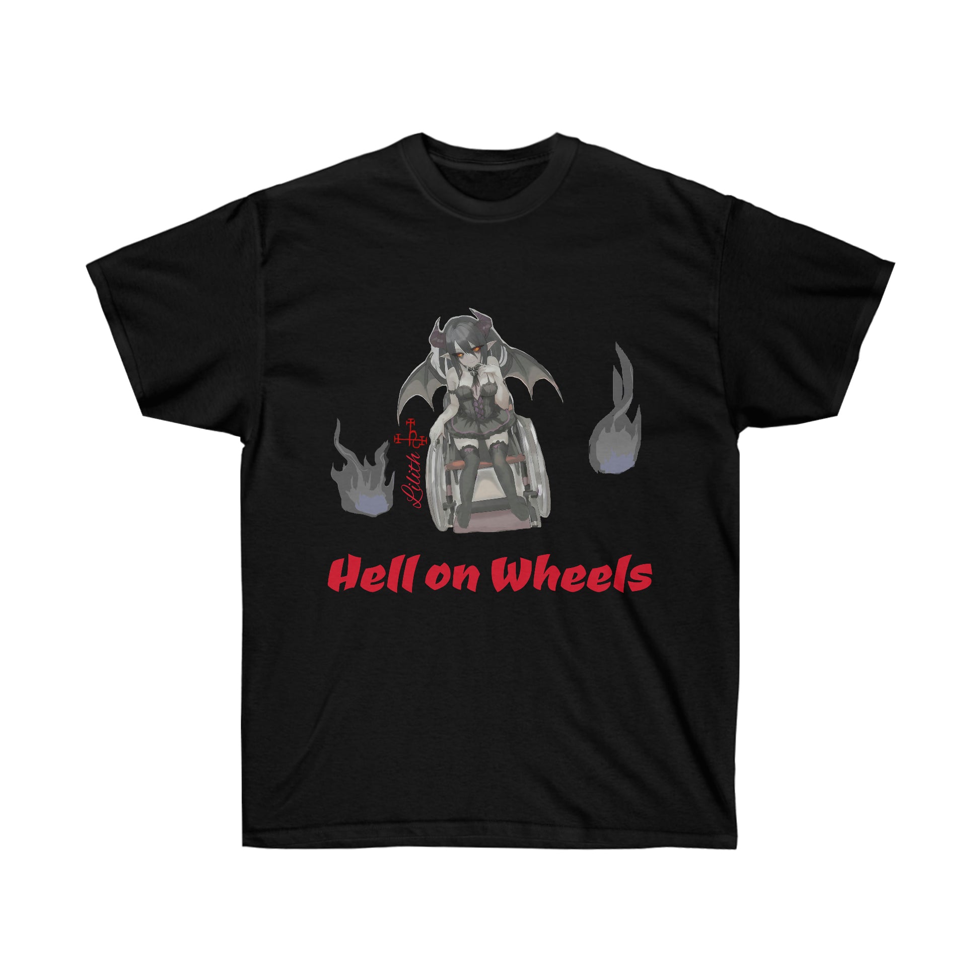 A black shirt featuring a caricature of Lilith sitting in a modern day wheelchair. To either side of her are gray flames. Her name and sigil is on her left. Beneath her, "Hell on wheels" is shown in red text.