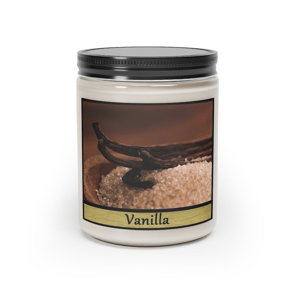 A vanilla candle sitting on a white background. The label features several sticks of cinnamon laying on top of salt in a wooden bowl. The words "vanilla" are below the picture.