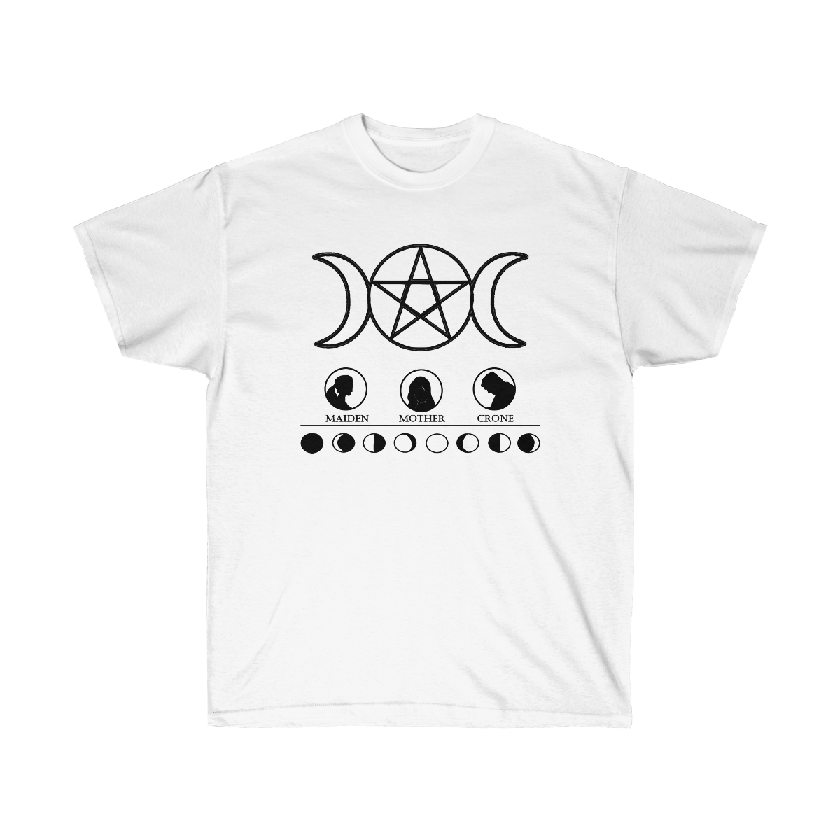 A white shirt. At the top is a black triple goddess moon pentacle. Below that is 3 circles with maiden, mother, and crone printed below them and accompanying silhouettes depicting each. A horizontal line separates depictions of the different phases of the moon.