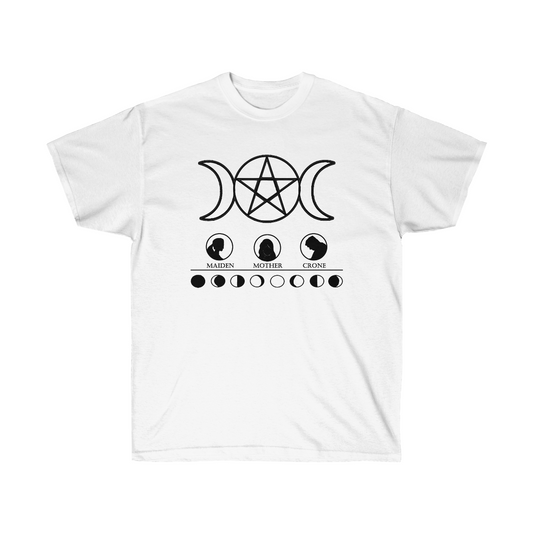 A white shirt. At the top is a black triple goddess moon pentacle. Below that is 3 circles with maiden, mother, and crone printed below them and accompanying silhouettes depicting each. A horizontal line separates depictions of the different phases of the moon.