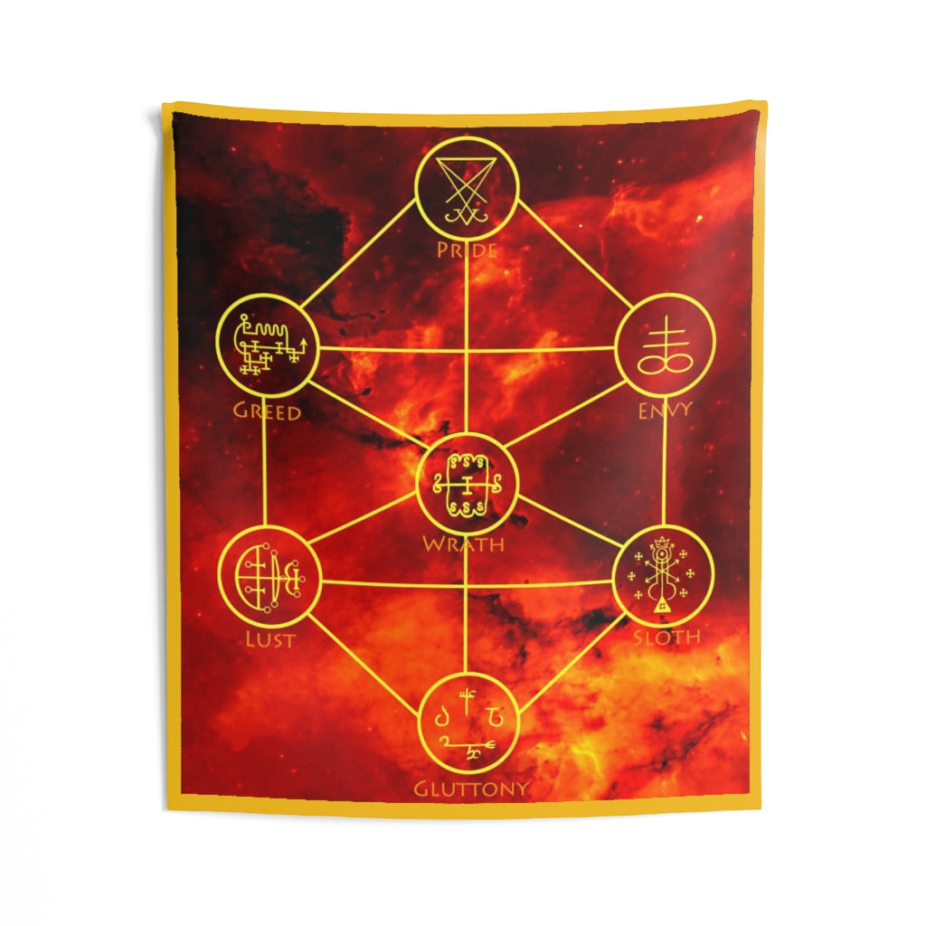 A tapestry hanging on the wall. The background is covered in a decorative pattern akin to fire. Starting from the top, we have Pride and Lucifer's sigil. Below that is Greed and the sigil of Mammon. Beside that is Envy and the sigil of Leviathan. Next is wrath and the sigil of Amon. On the next row is Lust and the sigil of Asmodius and Sloth and the sigil of Belphegor. At the very bottom is Gluttony and the sigil of Beelzebub.