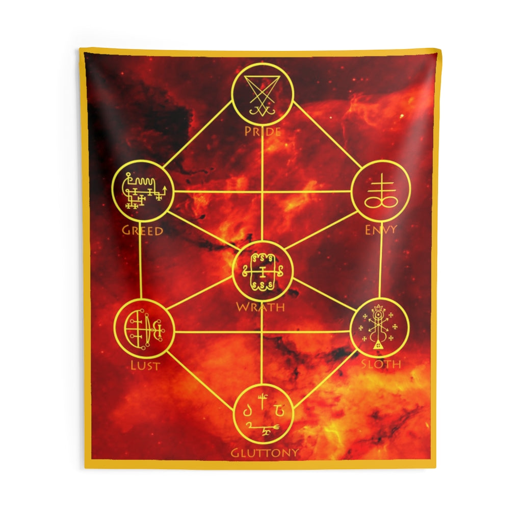 A tapestry hanging on the wall. The background is covered in a decorative pattern akin to fire. Starting from the top, we have Pride and Lucifer's sigil. Below that is Greed and the sigil of Mammon. Beside that is Envy and the sigil of Leviathan. Next is wrath and the sigil of Amon. On the next row is Lust and the sigil of Asmodius and Sloth and the sigil of Belphegor. At the very bottom is Gluttony and the sigil of Beelzebub.