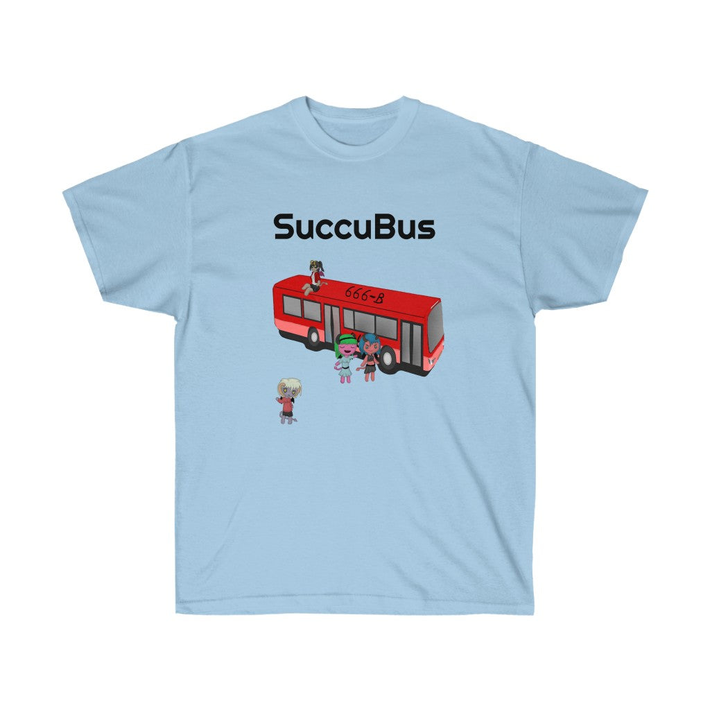 A light blue shirt. It has a graphic of a red bus with the number "666-B" on the roof. There is a succubus sitting on the roof of the bus, two other succubi standing beside it, and another standing a bit away from it. Above the bus is the text "SuccuBus" in black text.