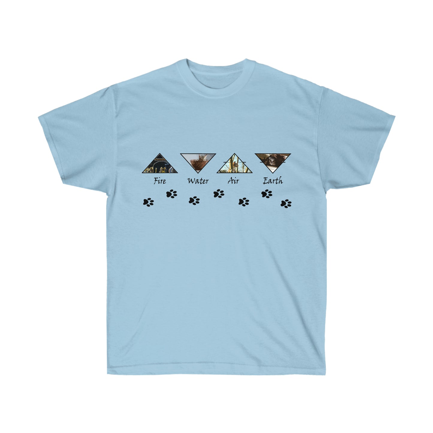 A light blue shirt with 4 black outlined triangles alternating pointed up and down. The triangles each have representations of the elements with the text fire, water, air, and earth underneath each respectively. Underneath the triangles are black cat paw prints.