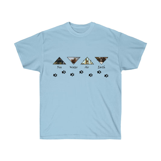 A light blue shirt with 4 black outlined triangles alternating pointed up and down. The triangles each have representations of the elements with the text fire, water, air, and earth underneath each respectively. Underneath the triangles are black cat paw prints.