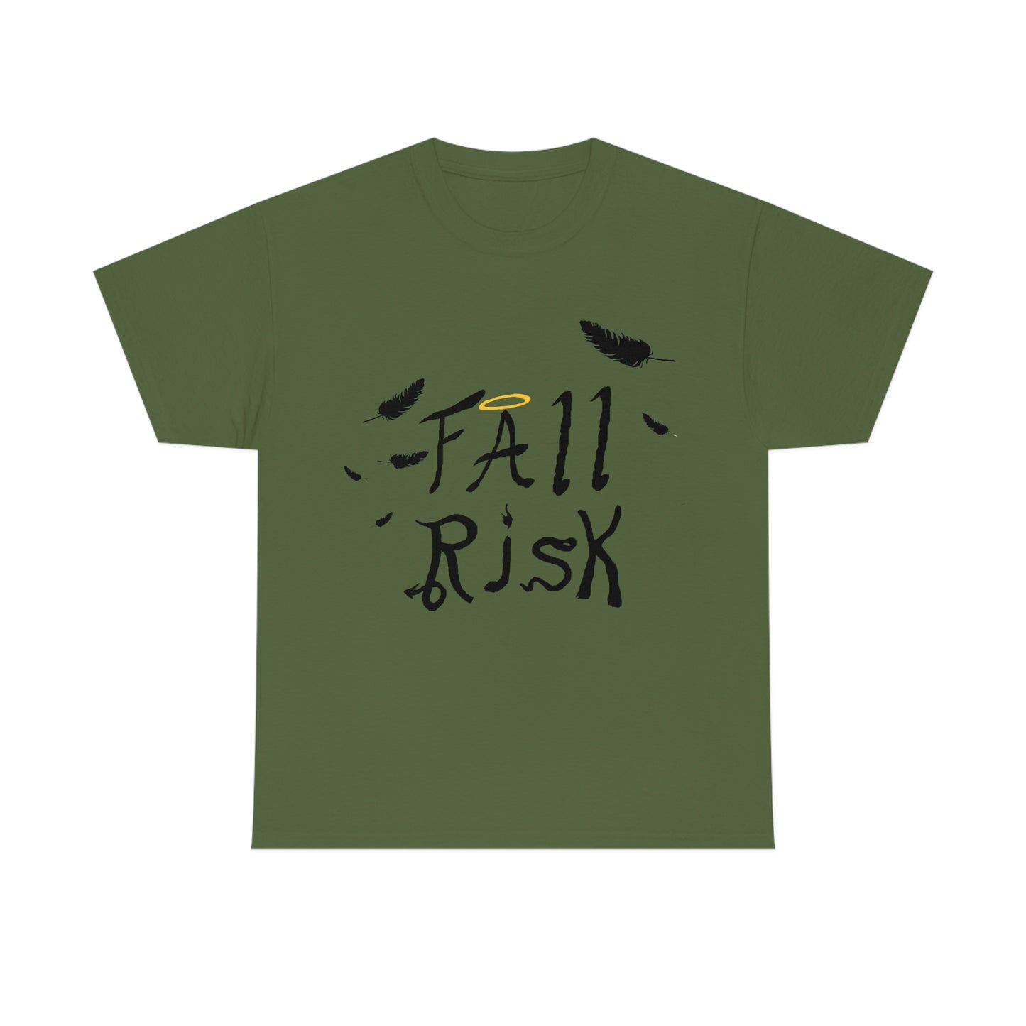 An military green shirt with black text that reads "Fall Risk". There's feathers strewn about. A halo sits above the A. The r has a devils tail, the I is a candle, the S is a snake, and the K has cloven hooves.