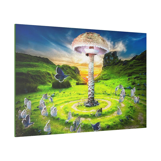 A canvas depicting A field with a giant mushroom growing in the middle of a fairy ring. In the foreground, butterflies are flying bye. The sun is setting behind some mountains framing everything in the background.