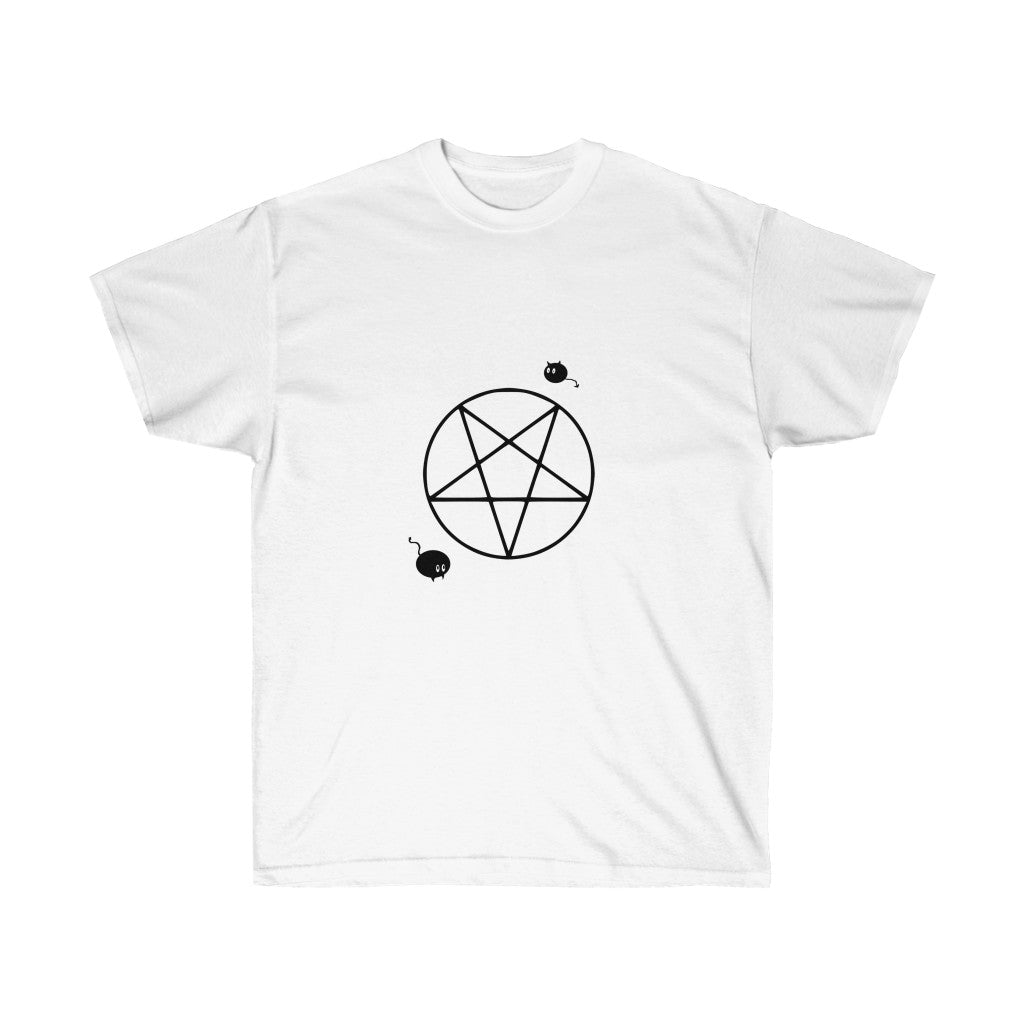 A white shirt. It has an upside down pentacle with a mouse in the bottom left corner and a chibi cat demon in the upper right corner.