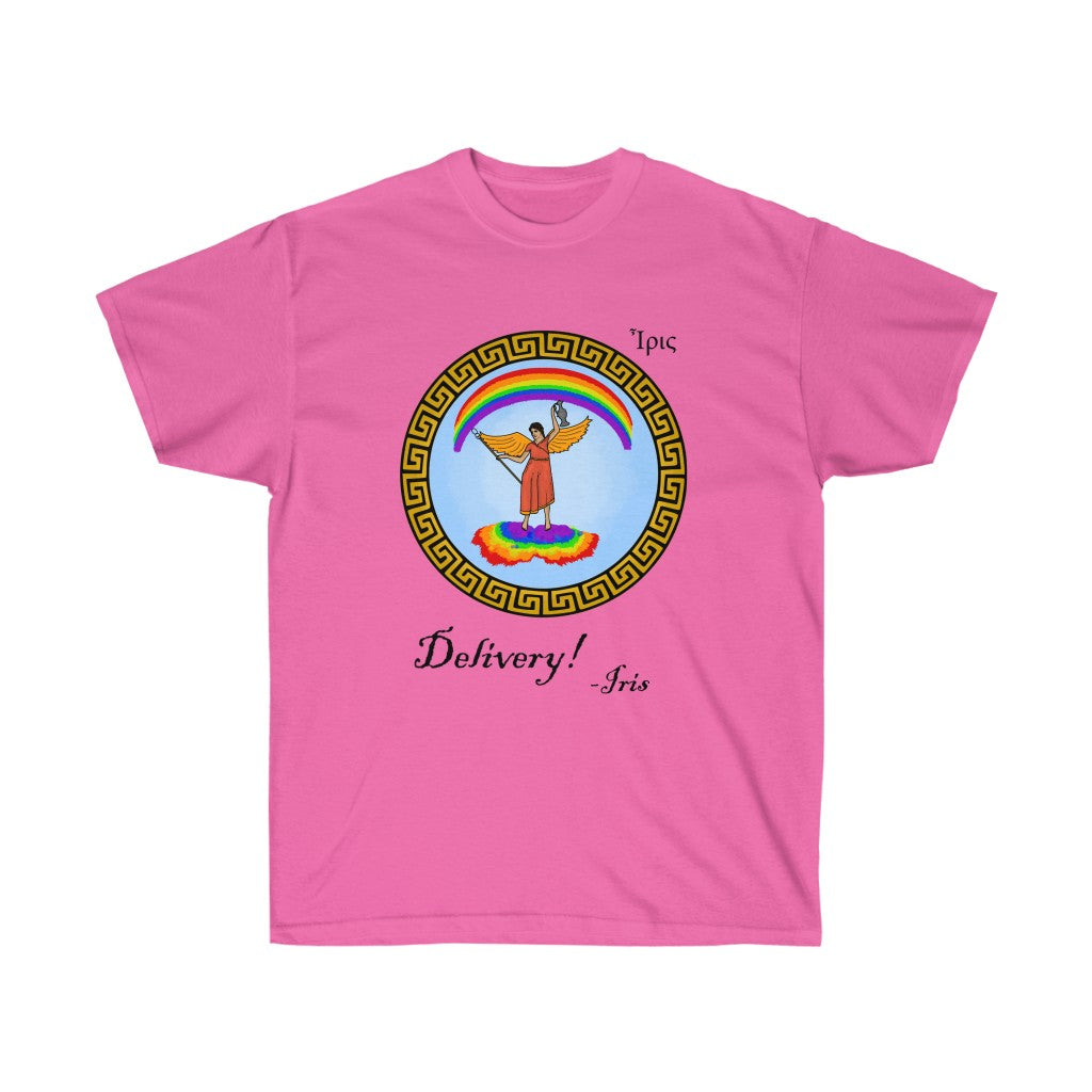 A pink shirt. It has a graphic in the middle depicting the goddes Iris riding on a rainbow cloud. She's wearing a red dress and holding a spear and jug. There's a rainbow above her. Surrounding her graphic is circular meandros. Below her graphic is black text that says "Delivery! -Iris." In the upper left is her name in greek.