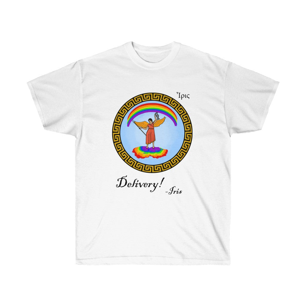 A white shirt. It has a graphic in the middle depicting the goddes Iris riding on a rainbow cloud. She's wearing a red dress and holding a spear and jug. There's a rainbow above her. Surrounding her graphic is circular meandros. Below her graphic is black  text that says "Delivery! -Iris." In the upper left is her name in greek.