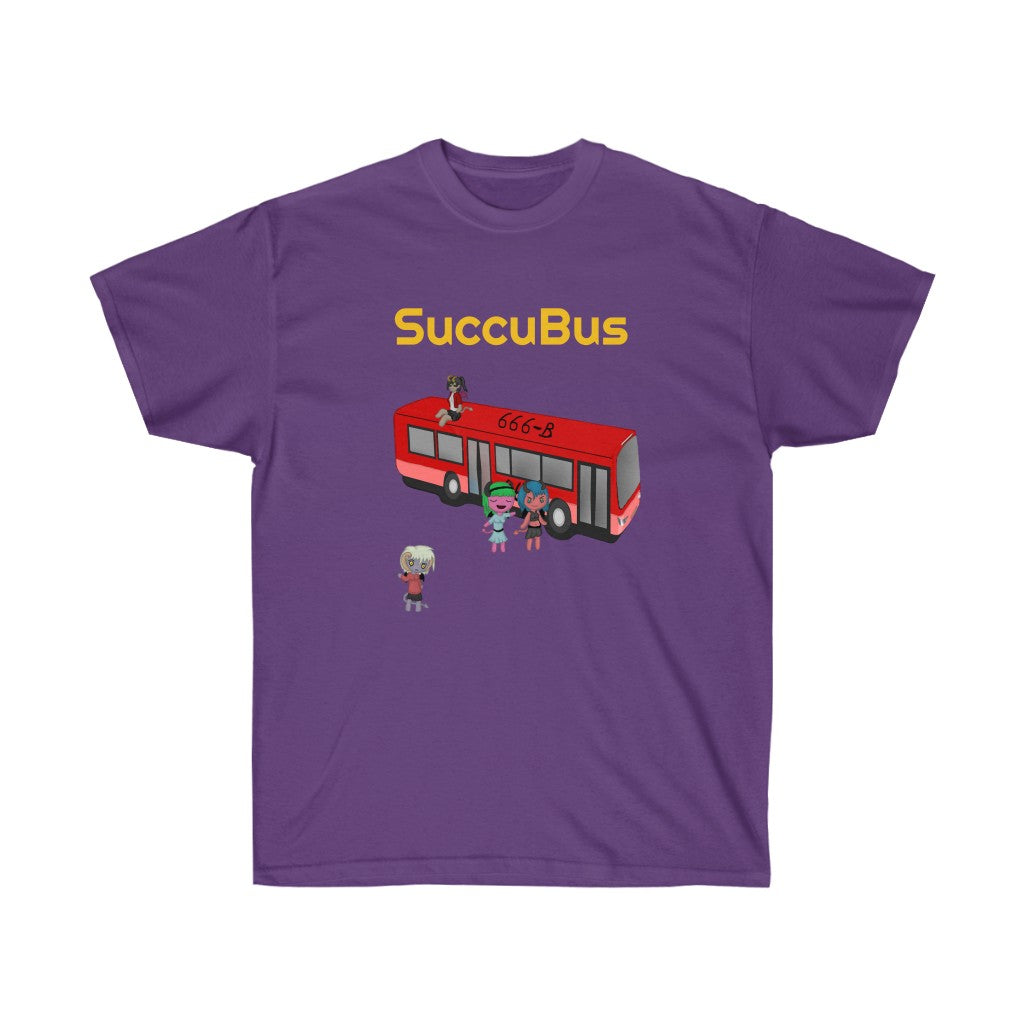 A purple shirt. It has a graphic of a red bus with the number "666-B" on the roof. There is a succubus sitting on the roof of the bus, two other succubi standing beside it, and another standing a bit away from it. Above the bus is the text "SuccuBus" in golden text.