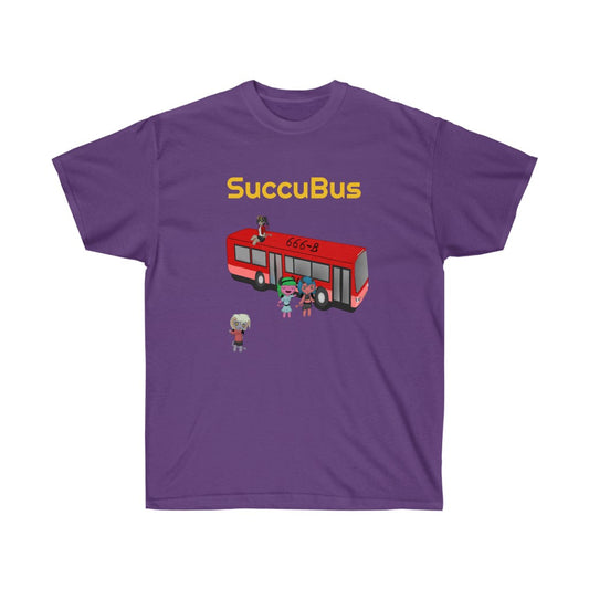 A purple shirt. It has a graphic of a red bus with the number "666-B" on the roof. There is a succubus sitting on the roof of the bus, two other succubi standing beside it, and another standing a bit away from it. Above the bus is the text "SuccuBus" in golden text.