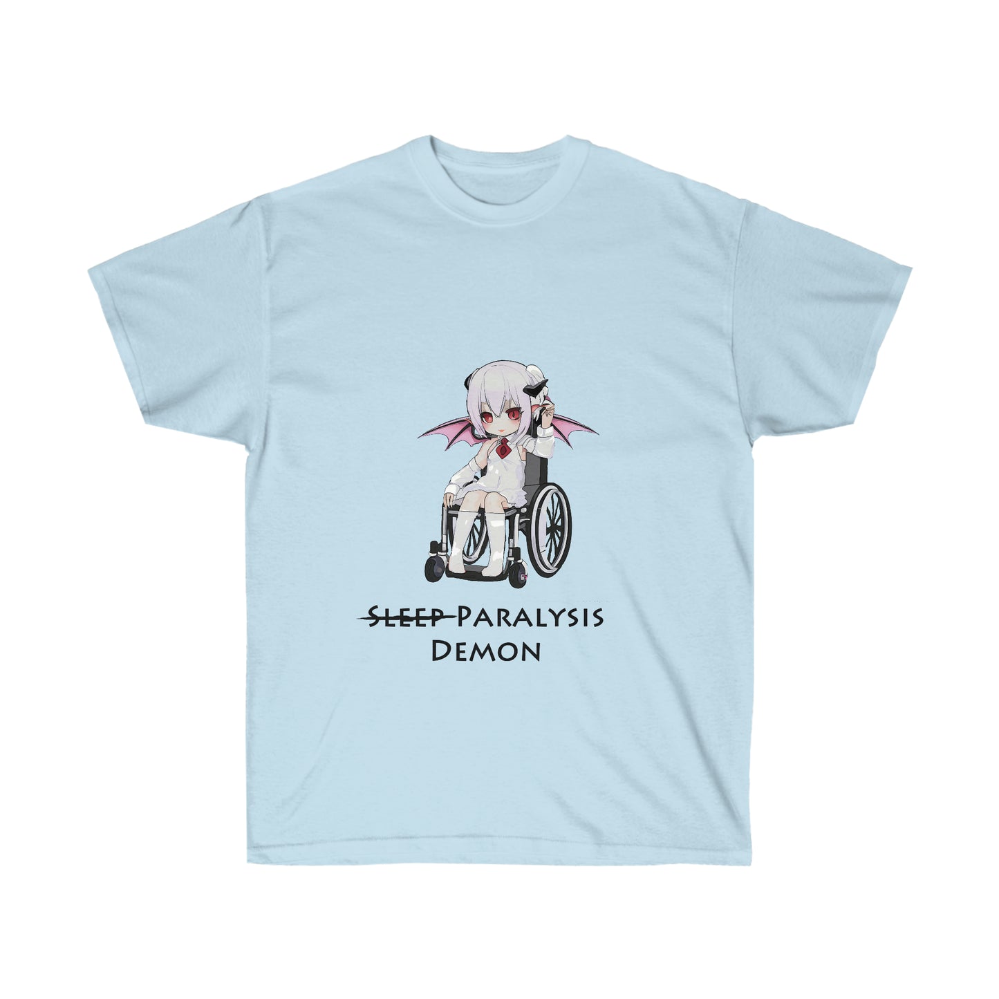 A light blue shirt featuring a graphic of a demon in a white shirt and skirt with a red tie sitting in a wheelchair. Below the graphic, there is black text reading "Sleep paralysis demon" with sleep crossed out.