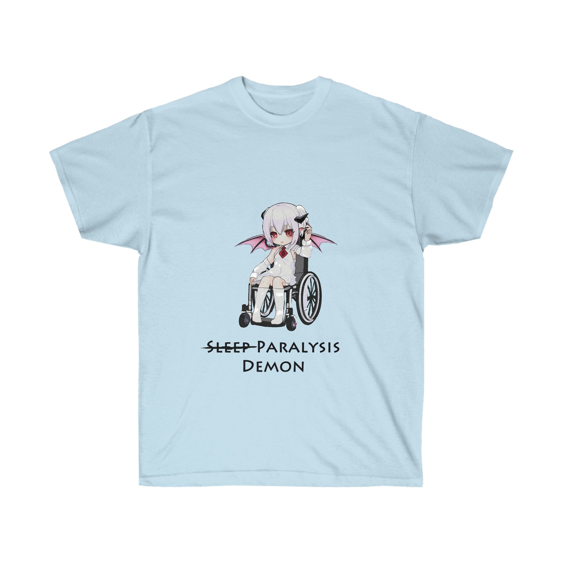 A light blue shirt featuring a graphic of a demon in a white shirt and skirt with a red tie sitting in a wheelchair. Below the graphic, there is black text reading "Sleep paralysis demon" with sleep crossed out.