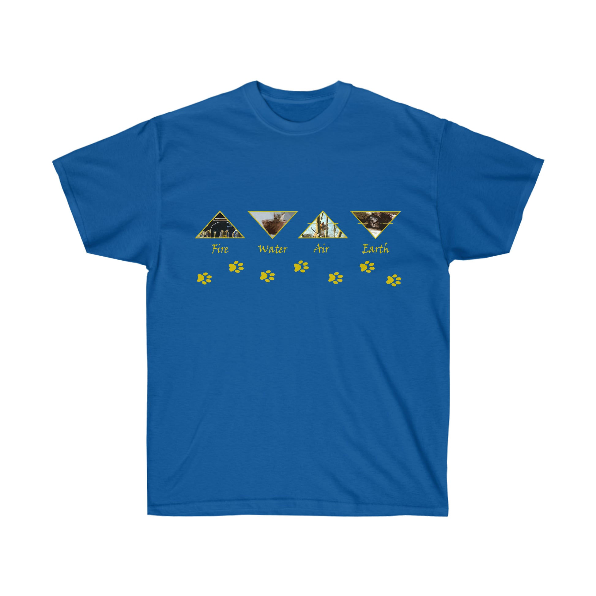 A royal blue shirt with 4 golden outlined triangles alternating pointed up and down. The triangles each have representations of the elements with the text fire, water, air, and earth underneath each respectively. Underneath the triangles are golden cat paw prints.