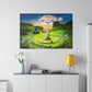 A canvas depicting A field with a giant mushroom growing in the middle of a fairy ring. In the foreground, butterflies are flying bye. The sun is setting behind some mountains framing everything in the background. It's been hung on a wall above a cabinet with books, a lamp and a plant.