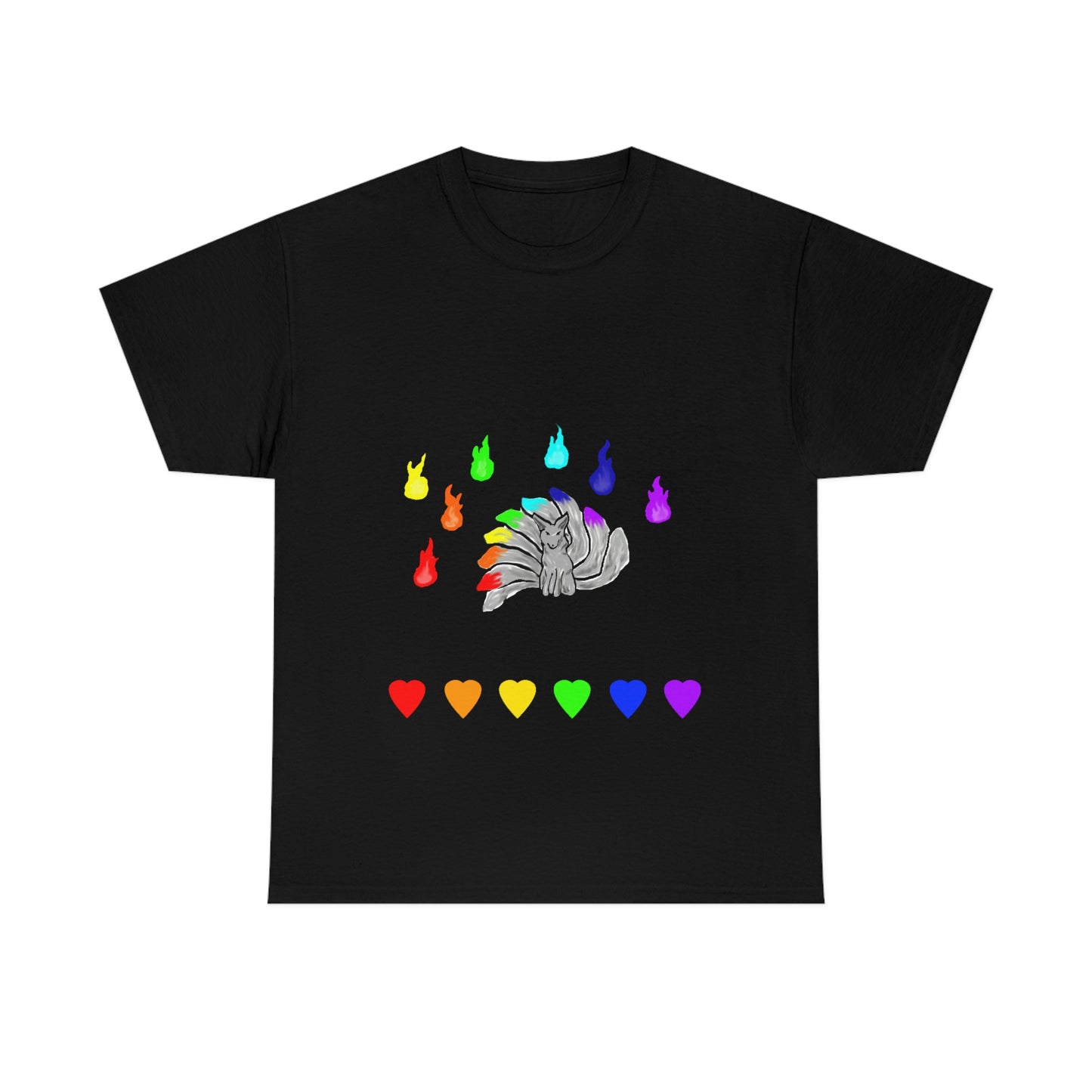 A black shirt with a grey kitsune dead center. There are 7 fires above and 7 hearts below them. Their tails, the fires, and the hearts, are in rainbow pride colours.