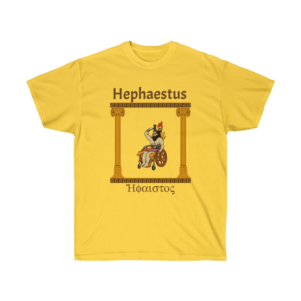 A yellow shirt with the god Hephaestus printed on it. He is sitting in a stylized wheelchair with a lit torch on the back of it and is wielding a hammer. To the sides of him are gold pillars upholding gold marble. Above him is the words "Hephaestus" while below him is his name in greek, both in brown.