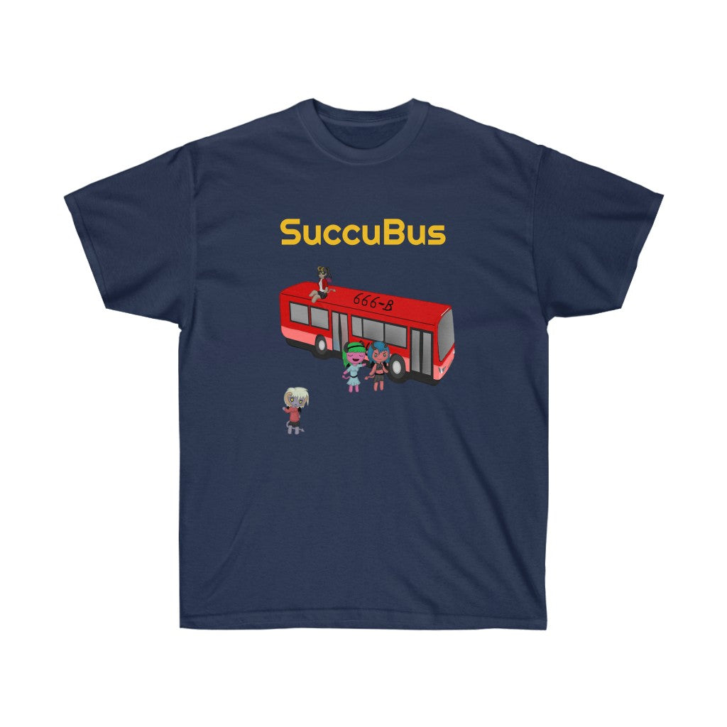 A navy blue shirt. It has a graphic of a red bus with the number "666-B" on the roof. There is a succubus sitting on the roof of the bus, two other succubi standing beside it, and another standing a bit away from it. Above the bus is the text "SuccuBus" in golden text.