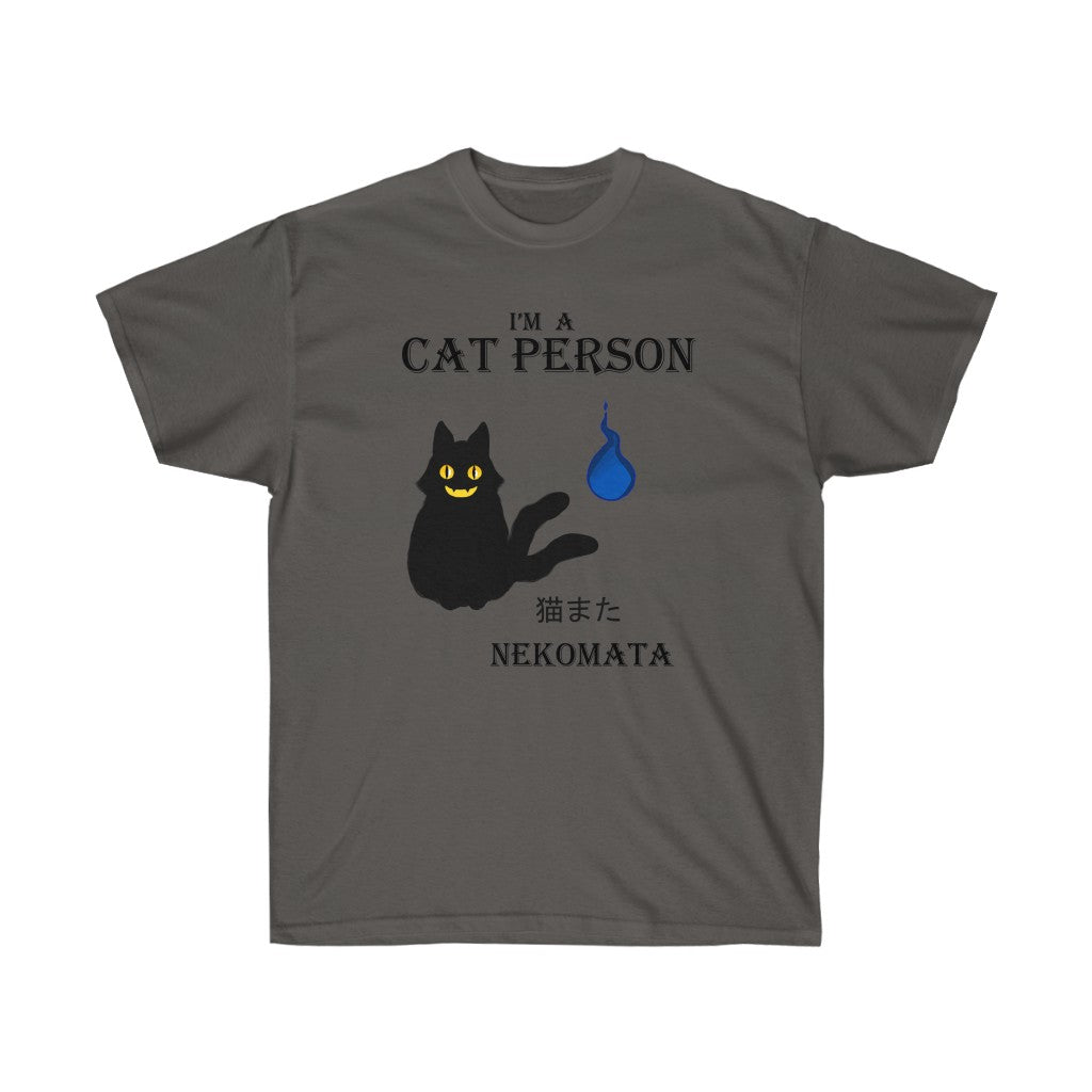 A dark gray shirt. It has a cat based on Nekomata in the middle. They have two tails and a blue flame floating nearby. At the top, there is text that reads "I'm a cat person." Below the cat is the name "Nekomata" in Japanese and English.