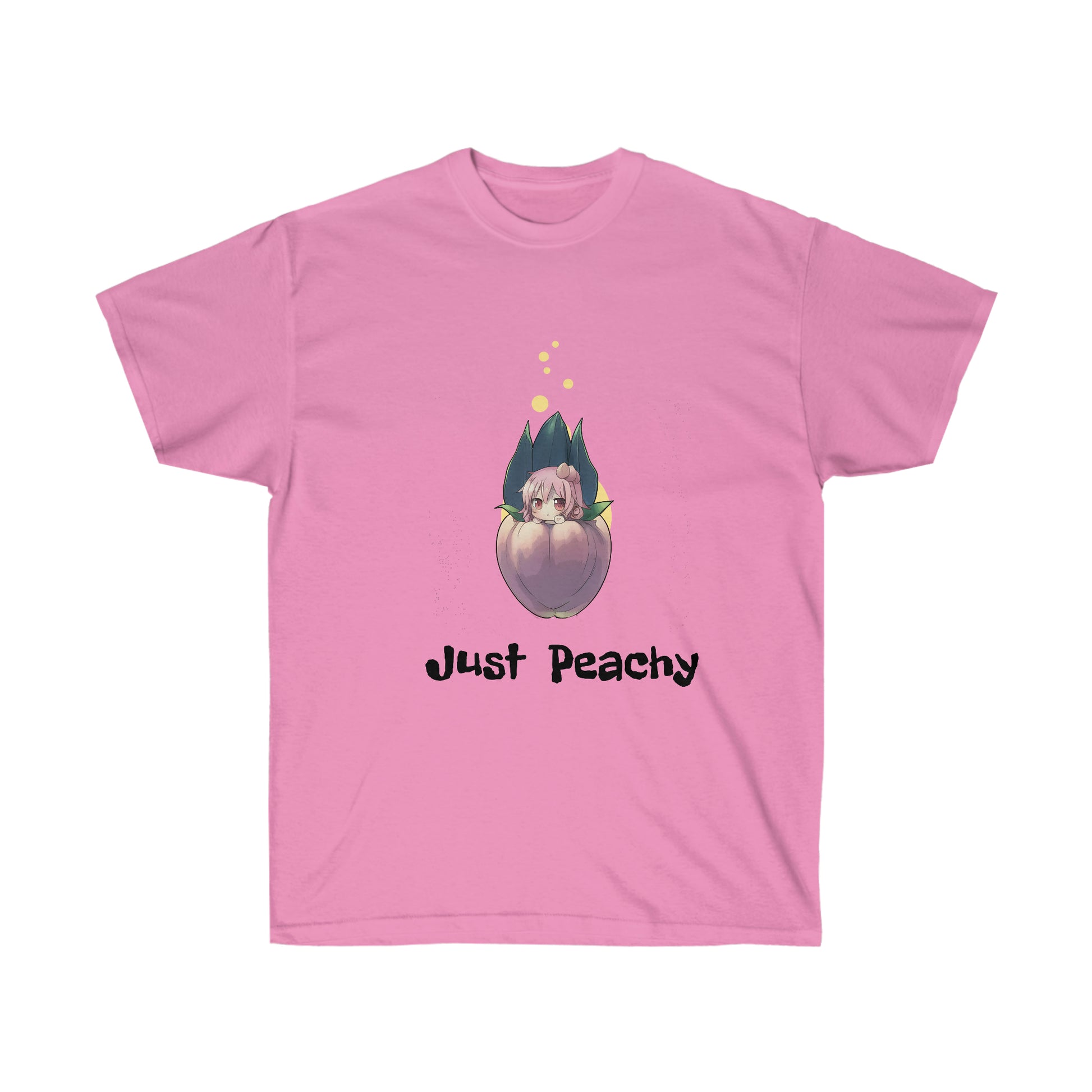 A pink shirt featuring a graphic of a fairy girl with pink hair sitting inside of a peach. Below her, there is black text reading "Just peachy"