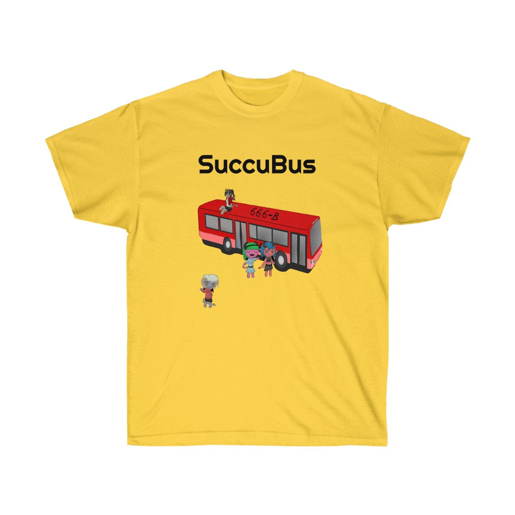 A yellow shirt. It has a graphic of a red bus with the number "666-B" on the roof. There is a succubus sitting on the roof of the bus, two other succubi standing beside it, and another standing a bit away from it. Above the bus is the text "SuccuBus" in black text.