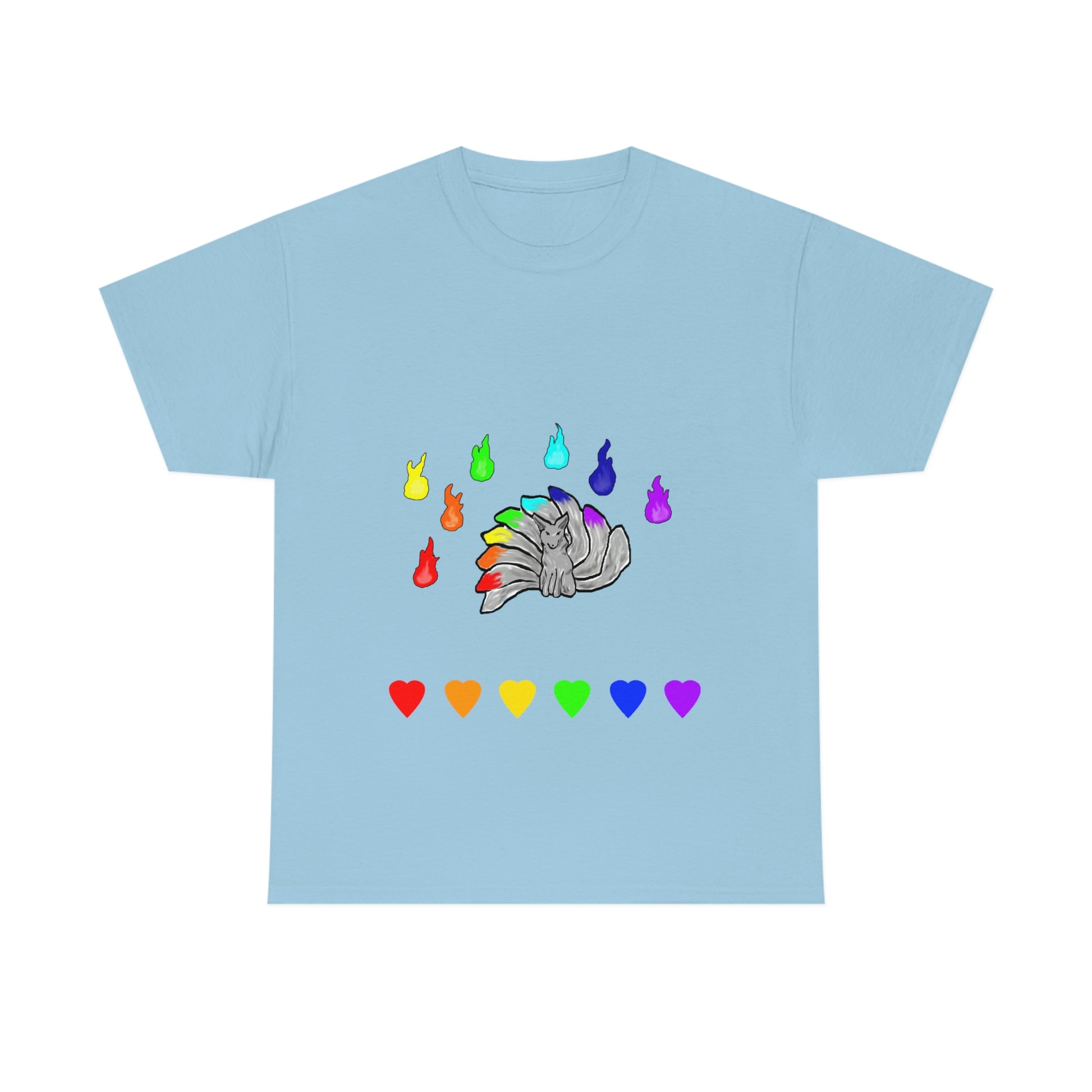 A light blue shirt with a grey kitsune dead center. There are 7 fires above and 7 hearts below them. Their tails, the fires, and the hearts, are in rainbow pride colours.