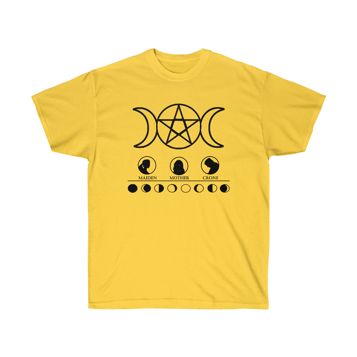 A yelow shirt. At the top is a black triple goddess moon pentacle. Below that is 3 circles with maiden, mother, and crone printed below them and accompanying silhouettes depicting each. A horizontal line separates depictions of the different phases of the moon.