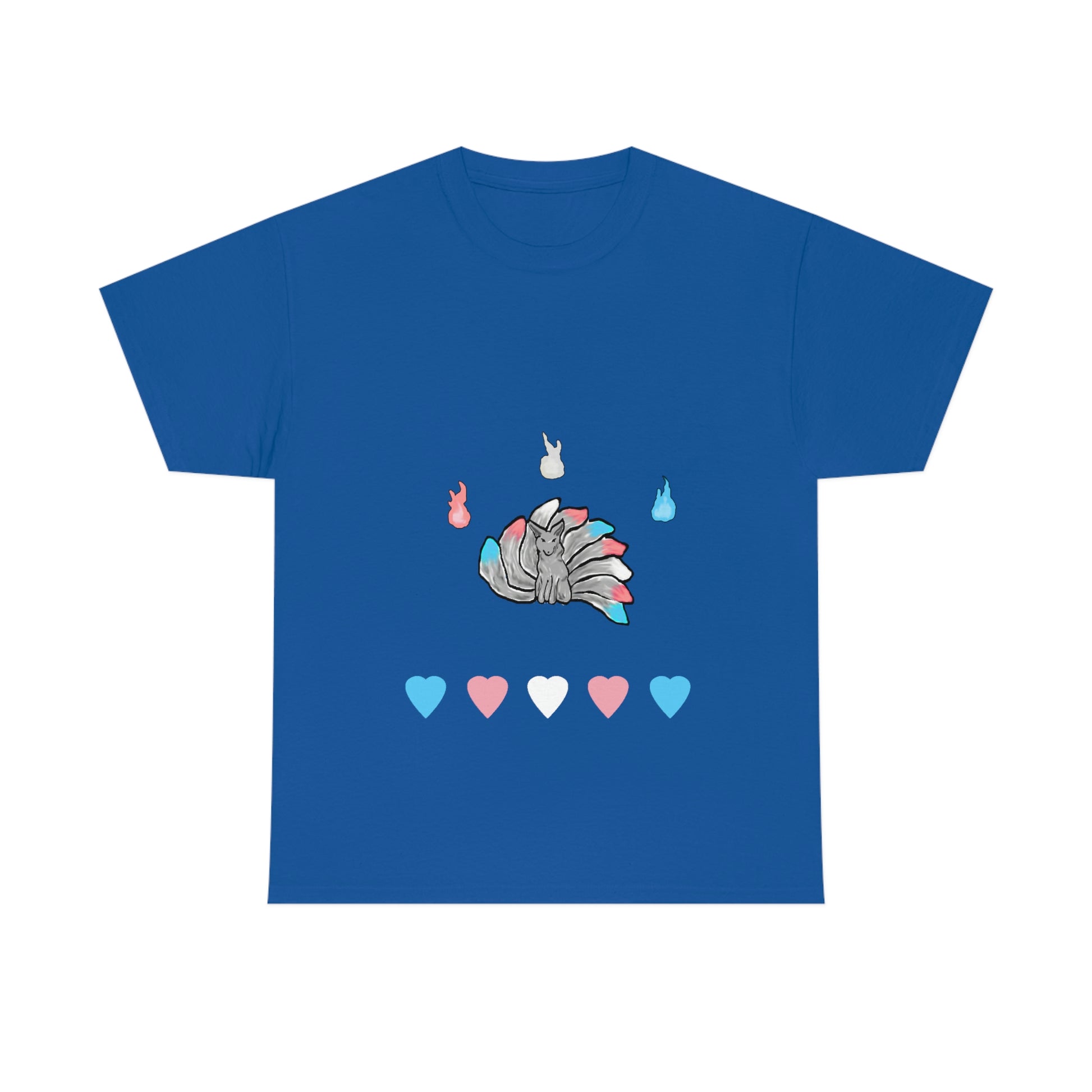 A royal blue shirt with a grey kitsune dead center. There are 3 fires above and 5 hearts below them. Their tails, the fires, and the hearts, are in the trans pride colours.