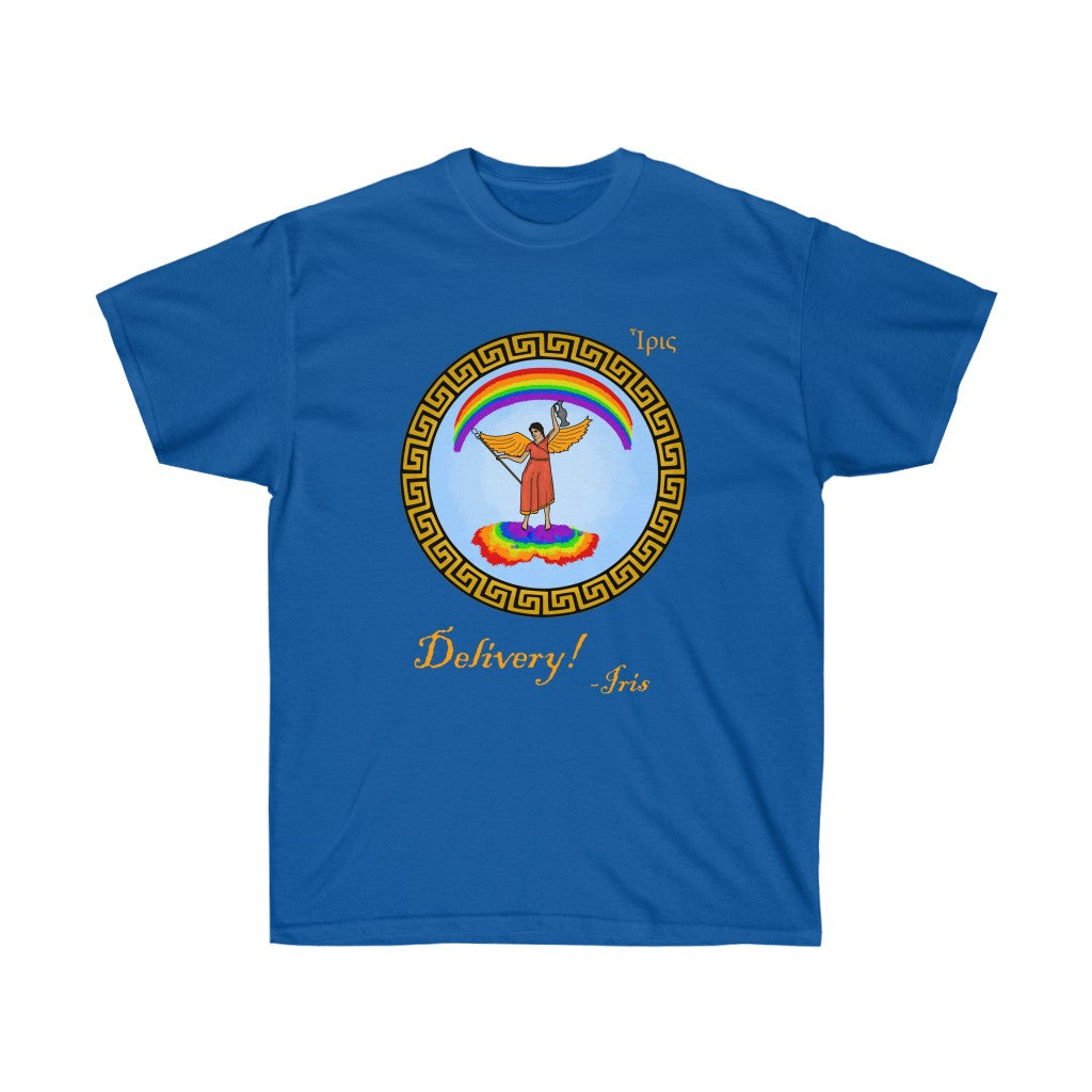 A royal blue shirt. It has a graphic in the middle depicting the goddes Iris riding on a rainbow cloud. She's wearing a red dress and holding a spear and jug. There's a rainbow above her. Surrounding her graphic is circular meandros. Below her graphic is golden text that says "Delivery! -Iris." In the upper left is her name in greek.