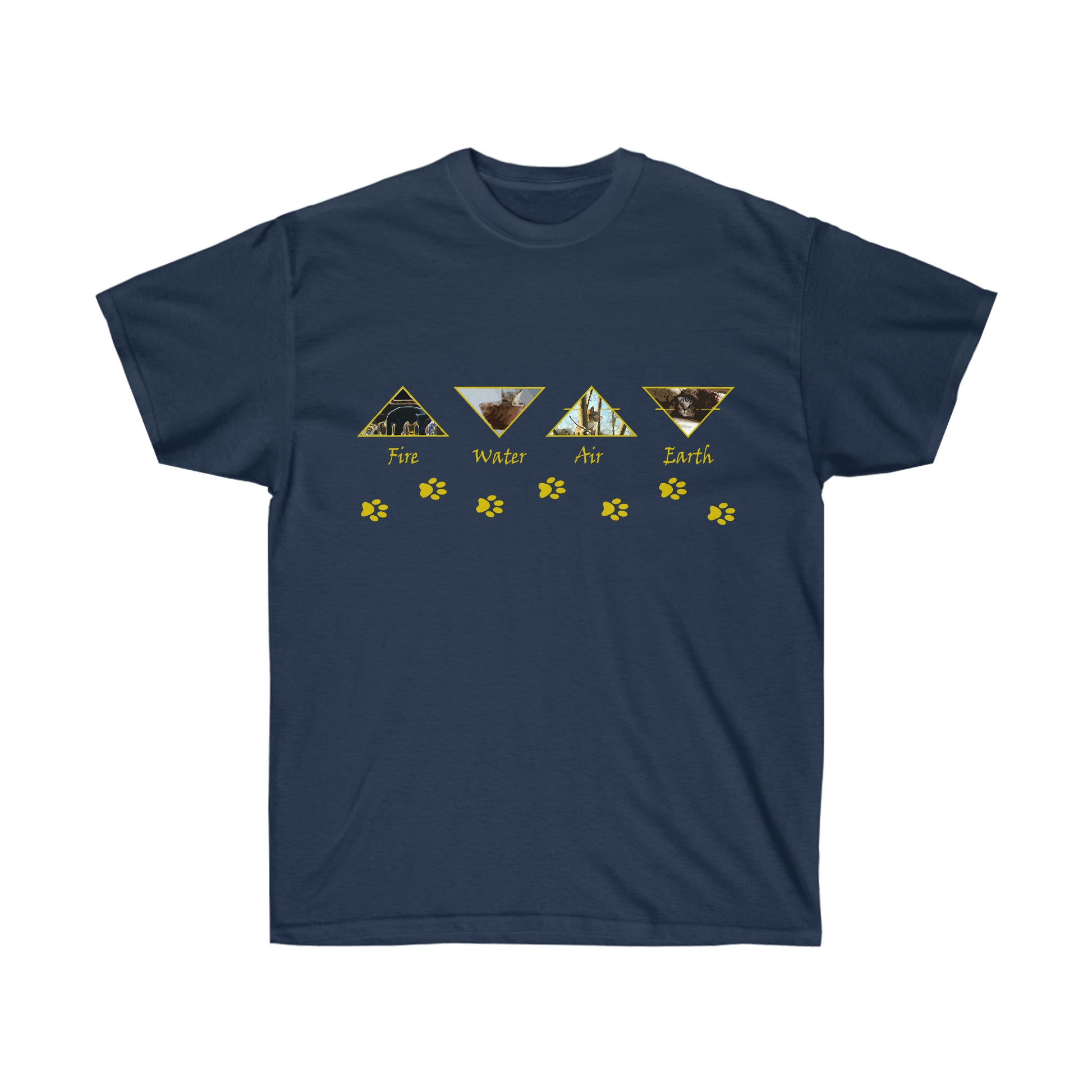 A navy blue shirt with 4 golden outlined triangles alternating pointed up and down. The triangles each have representations of the elements with the text fire, water, air, and earth underneath each respectively. Underneath the triangles are golden cat paw prints.