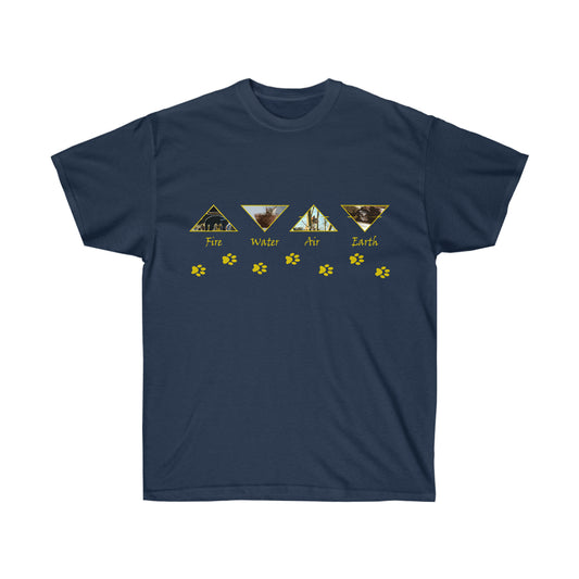 A navy blue shirt with 4 golden outlined triangles alternating pointed up and down. The triangles each have representations of the elements with the text fire, water, air, and earth underneath each respectively. Underneath the triangles are golden cat paw prints.