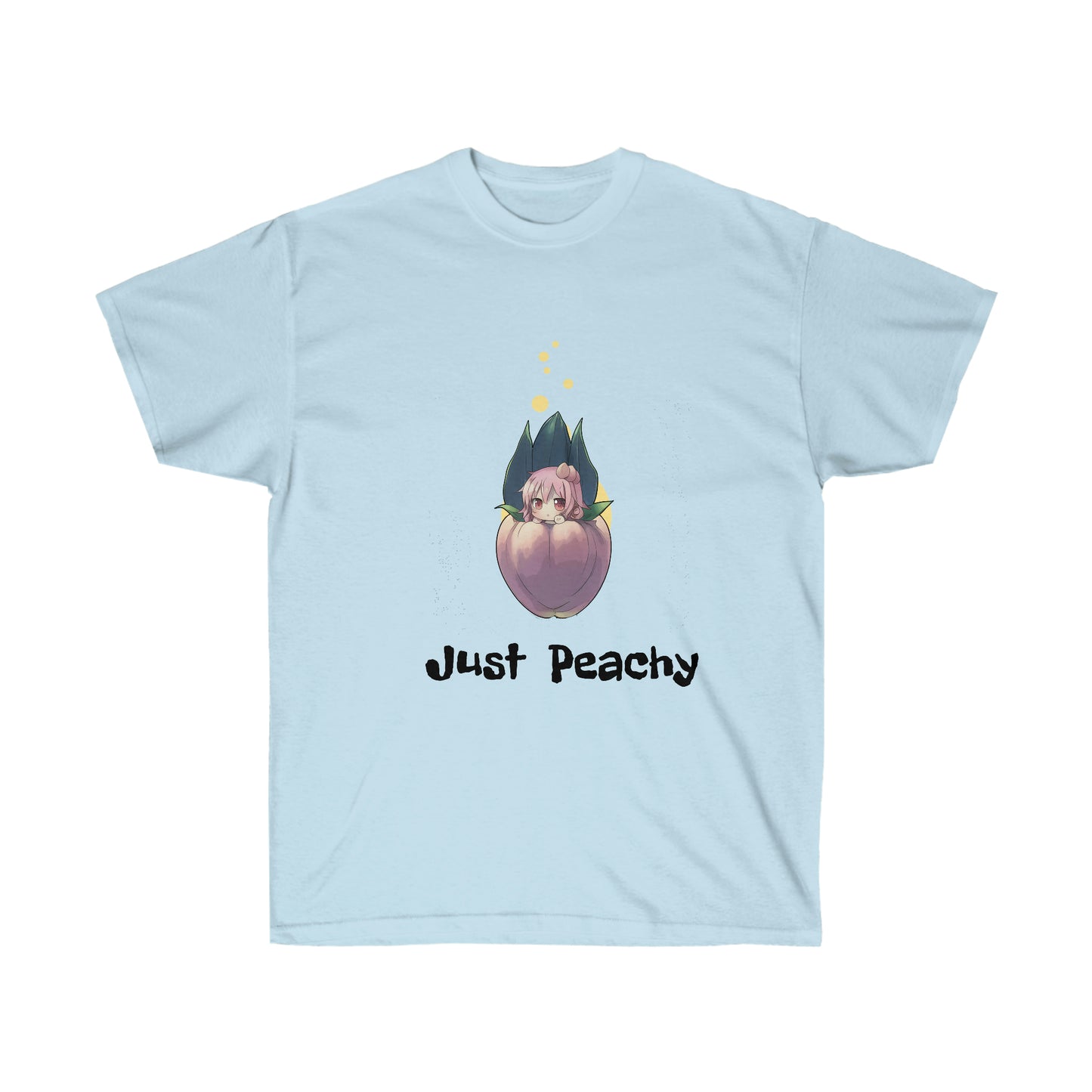 A light blue shirt featuring a graphic of a fairy girl with pink hair sitting inside of a peach. Below her, there is black text reading "Just peachy"