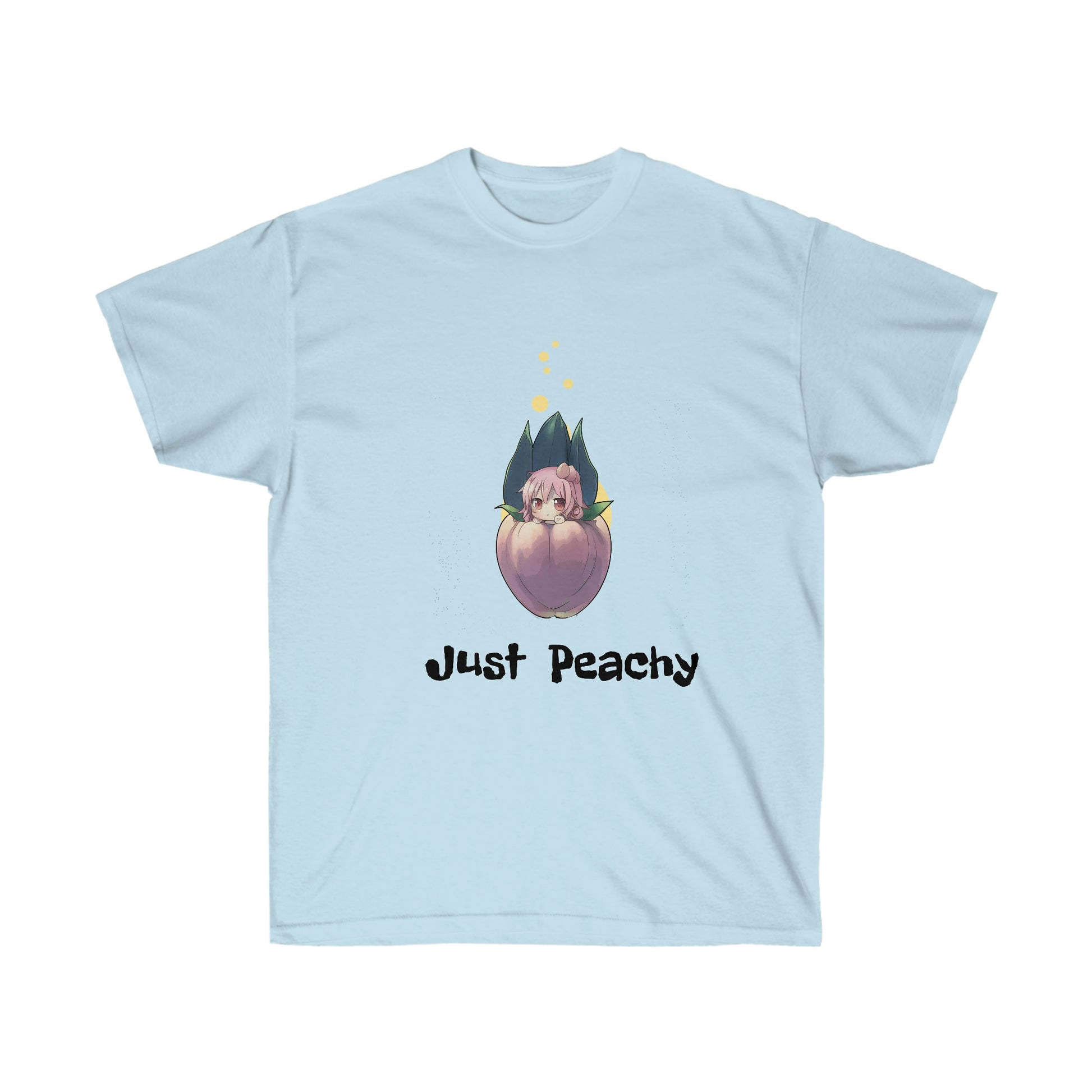 A light blue shirt featuring a graphic of a fairy girl with pink hair sitting inside of a peach. Below her, there is black text reading "Just peachy"